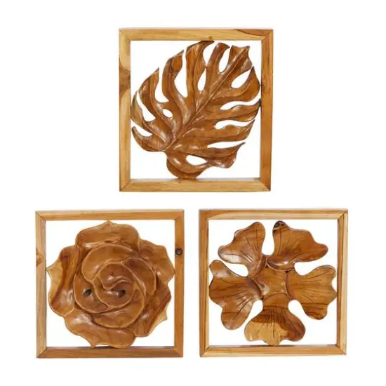 Set of 3 Brown Teak Wood Contemporary Style Wall Decor 14", 14", 15" {1}