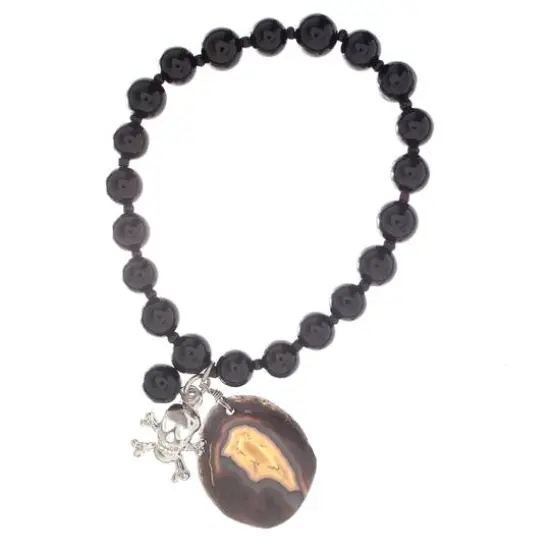 John Bead Onyx Black Natural Stone Bracelet with Agate & Skull Charm {5}