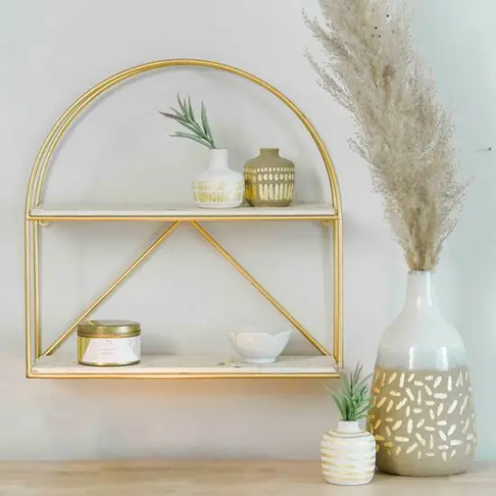 Hello Honey&reg; Wood & Metal Gold Crescent Wall Shelf White {3}