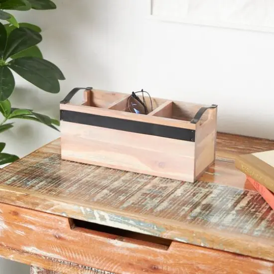 11.5" Beige Wood Modern 3 Section Decorative Tray with Metal Handles {3}