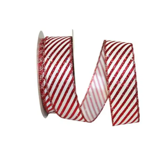 JAM Paper 1.5" x 20yd. Red & White Candy Cane Glitter Wired Ribbon {1}