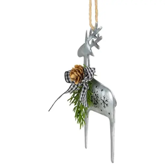 6.25" Silver Metal Reindeer Christmas Ornament with Black Gingham Bowtie & Pine {4}