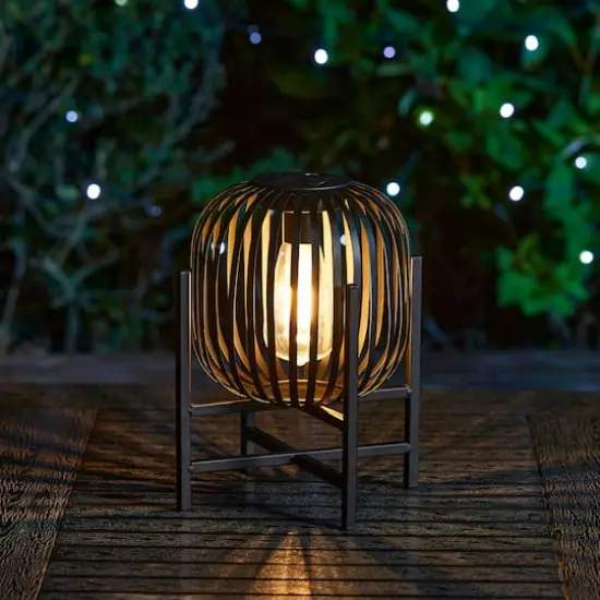 Glitzhome&reg; 11.5" Black Slim Metal Stripes Solar Powered Edison Bulb Outdoor Lantern {4}