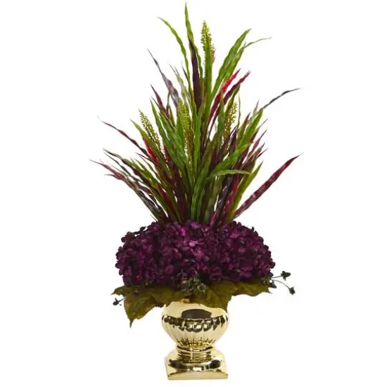 2ft. Purple Grass & Hydrangea Arrangement in Gold Urn {1}