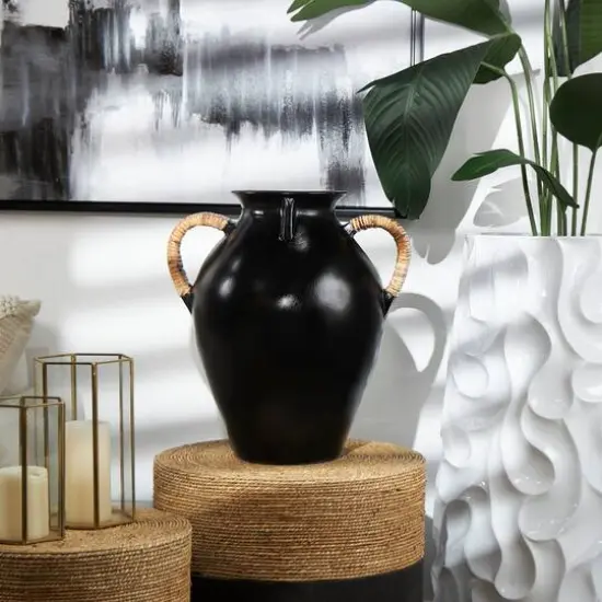 19" Black Ceramic Jug Vase with Rattan Wrapped Handles {7}