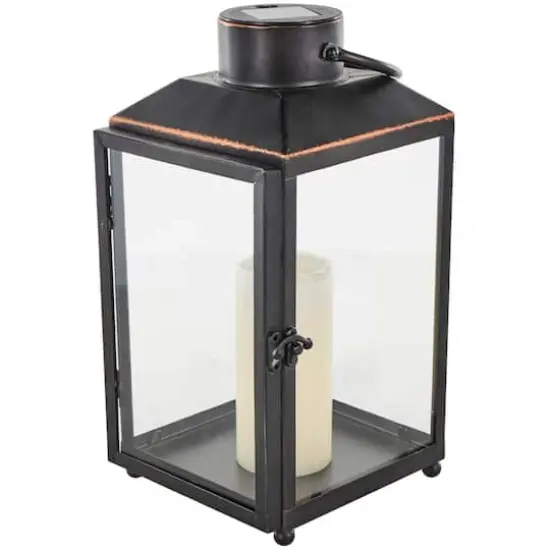 14" Black Metal Modern Candle Lantern with Gold Accents {1}