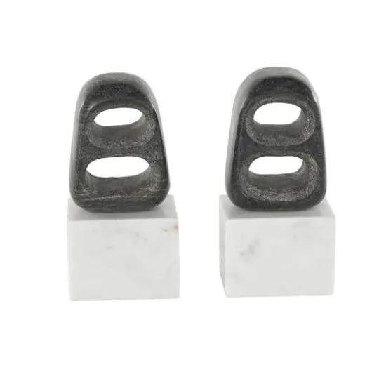 8.25" White & Black Marble Geometric Cutout Oval Bookend Set with Block Base {4}