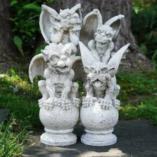 Gargoyles on Pedestals Outdoor Garden Statue Set {3}