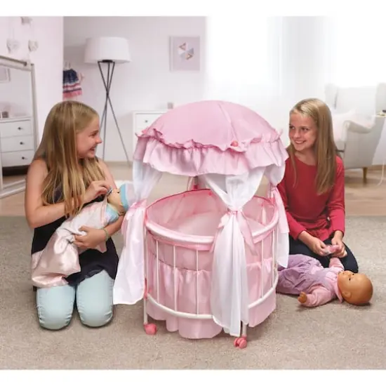 Badger Basket Pink & White Royal Pavilion Round Doll Crib with Canopy & Bedding {3}