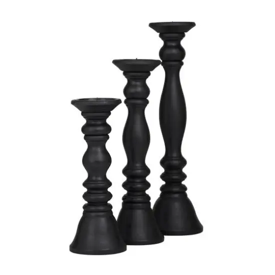 Turned Wood Pillar Candle Holder Set Black {8}