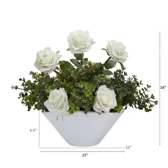 16" Roses and Eucalyptus Artificial Arrangement in White Vase {3}