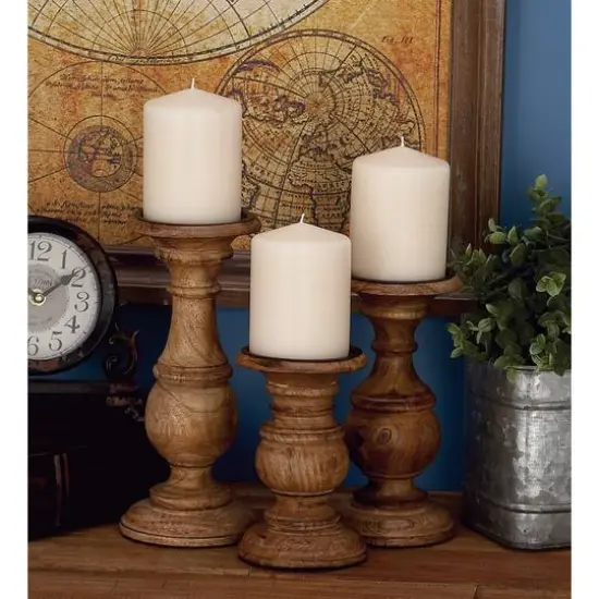 Mango Wood Traditional Candle Holder Set Brown {8}