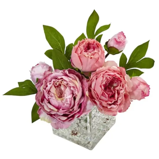 8.5" Pink Peony In Square Textured Glass Vase {3}
