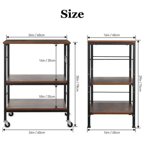Rustic Brown Wood Kitchen Carts 3-Tier Rolling Rack with 10 Hooks {3}