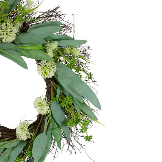 23" Green & White Olive Leaf & Floral Twig Spring Wreath {4}