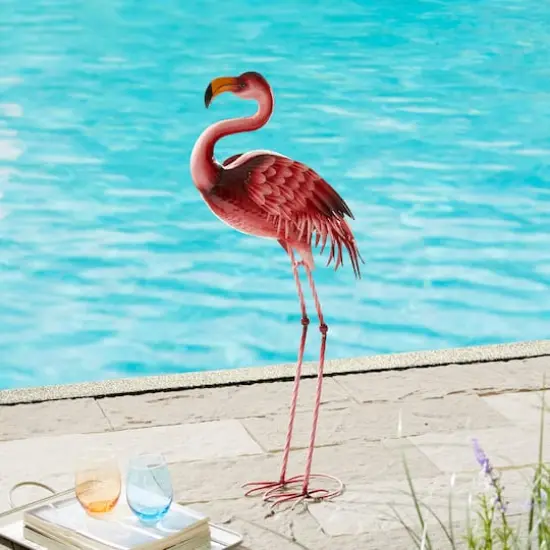 Glitzhome&reg; 35.25" Metal Standing Flamingo Garden Statue with Stakes {3}