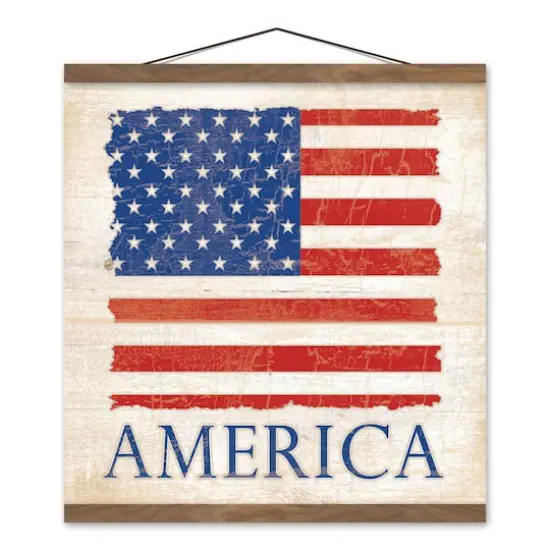 Rustic American Flag Teak Hanging Canvas {1}
