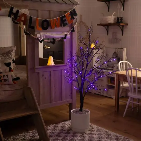 4ft. Pre-Lit Halloween Minimalist Twig Artificial Fall Tree with 160 Orange & Purple LED Lights {12}