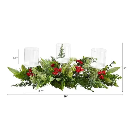 20" Winter Greenery & Berries Triple Candle Holder Christmas Table Arrangement {4}