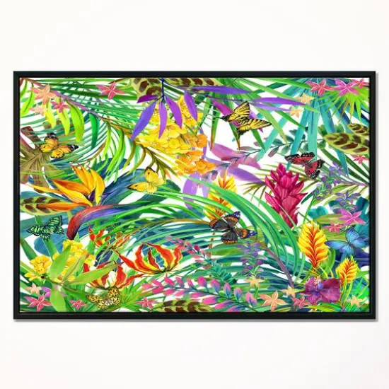 Designart - Tropical Leaves and Flowers - Floral Art Canvas Print in Black Frame {3}