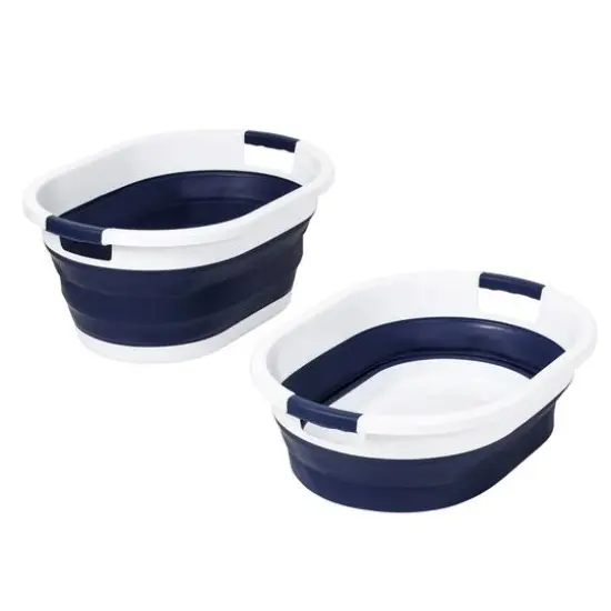 Honey Can Do 24" Collapsible Rubber Laundry Basket Set Blue and White {10}