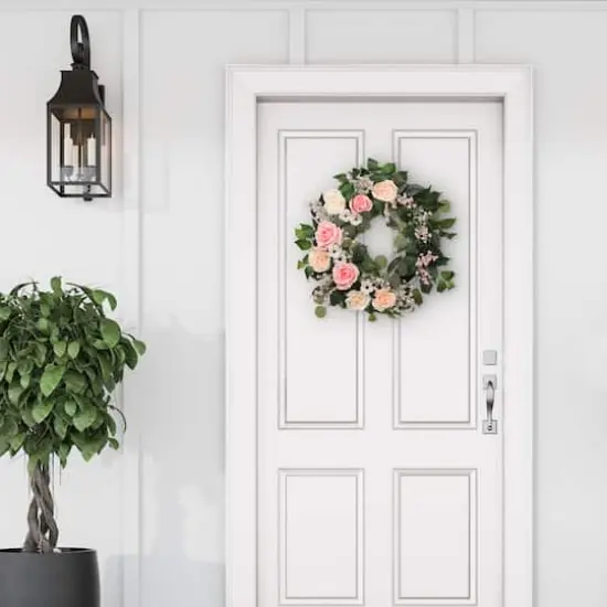 24" Pink Spring Camellia, Baby's Breath & Rose Wreath {4}