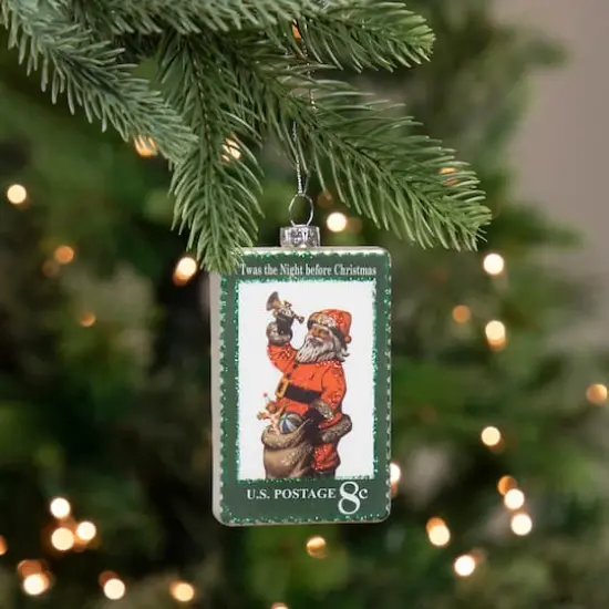 3.5" Green USPS Santa Stamp Twas The Night Before Christmas Glass Christmas Ornament {3}