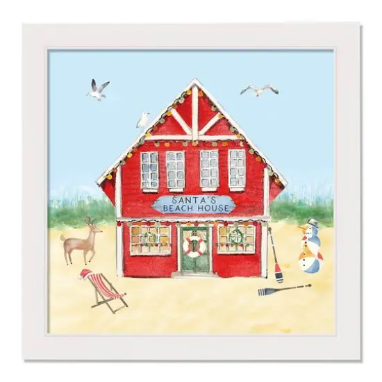 18" Santa's Beach House Christmas White Framed Wall Canvas {1}