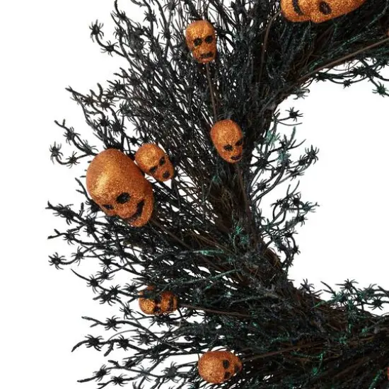 22" Black & Orange Skulls and Spiders Halloween Twig Wreath {4}