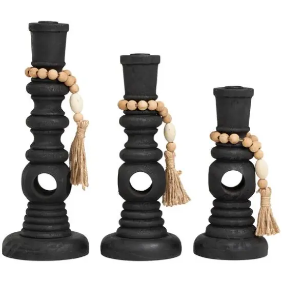 Black Wood Handmade Textured Matte Candle Holder with Beaded Garland Set {7}