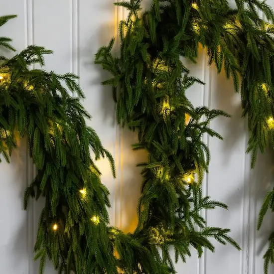 9ft. Pre-Lit Artificial Real Touch Norfolk Island Pine Garland with 50 Warm White LED Lights and Natural Look {6}