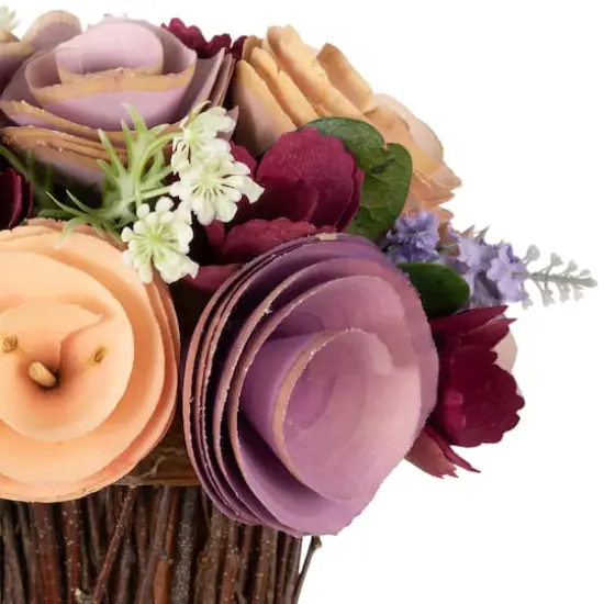 9.5" Wine Red & Purple Wooden Floral Artificial Spring Bouquet {5}