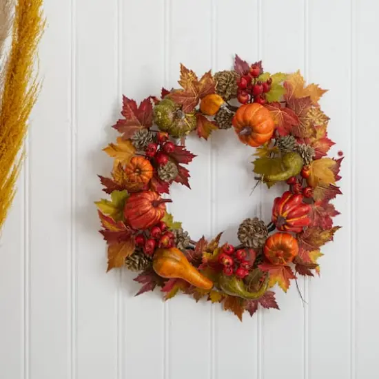 24" Pumpkin, Gourd, Berry & Maple Leaf Wreath {4}