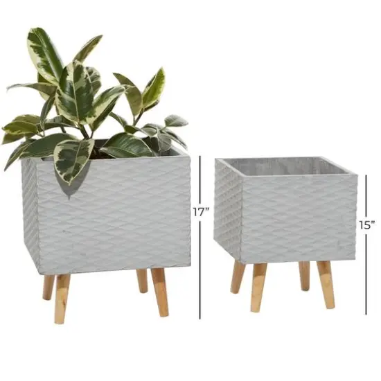 Set of 2 Grey Polystone Contemporary Planter, 15", 17" {5}