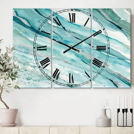 Designart Blue Green Silver Springs Coastal 3 Panel Wall Clock {3}