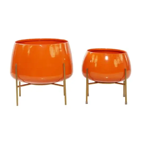 Metal Round Contemporary Planter Set Orange {4}
