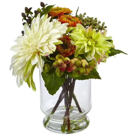10.5" Dahlia & Mum Arrangement with Glass Vase {1}