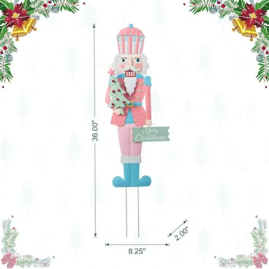Glitzhome&reg; 36" Metal Christmas Pink Nutcracker Yard Stake {9}