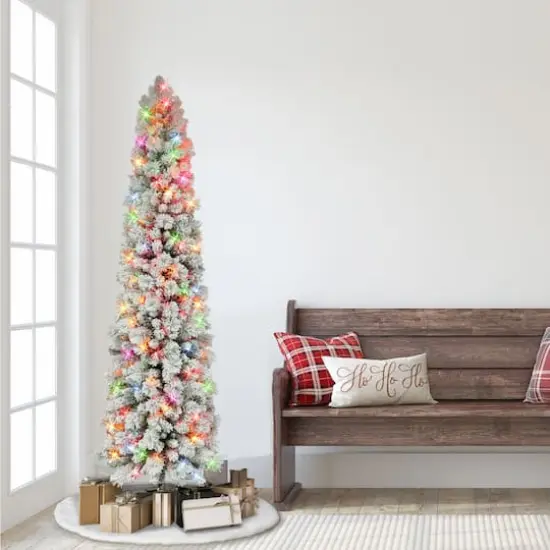 6.5ft. Pre-Lit Flocked Portland Pine Artificial Christmas Tree, Multicolored Lights {4}