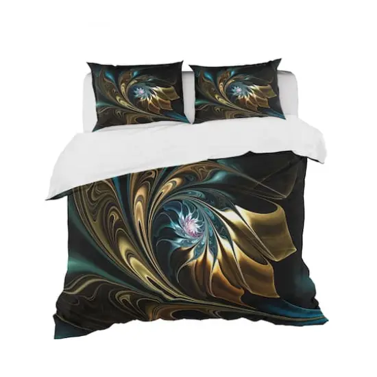 Designart 'Brown Blue Fractal Flower in Black' Modern & Contemporary Bedding Set - Duvet Cover & Shams {1}