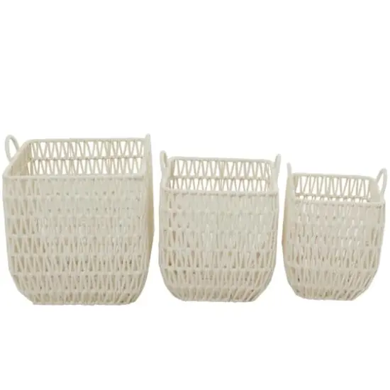 White Cotton Handmade Storage Basket with Handles Set of 3 18", 16", 15" {1}