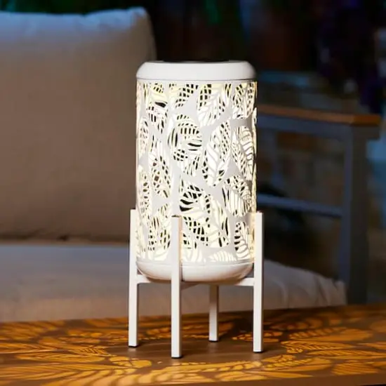 Glitzhome&reg; 14.25" White Metal Cutout Leaves Pattern Solar Powered LED Outdoor Lantern {4}