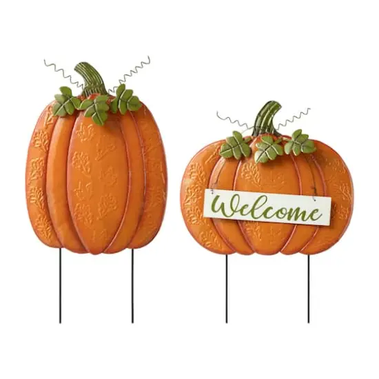 Glitzhome&reg; 2ft. Fall Metal Embossed Glitter Pumpkin Yard Stake, 2ct. {1}