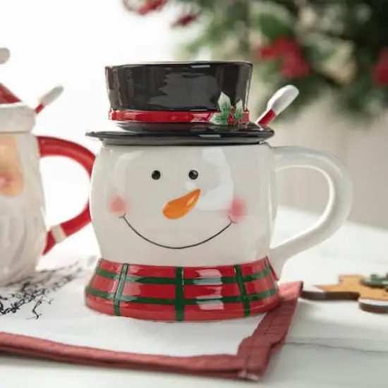 Glitzhome&reg; Christmas Ceramic Santa & Snowman Mug with Lid & Spoon Set {6}