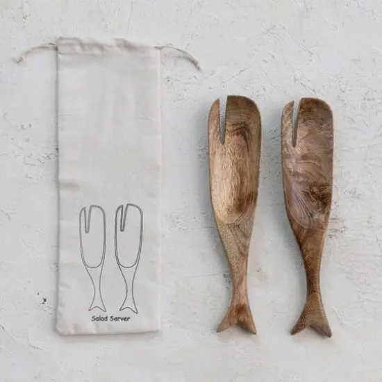 Hello Honey&reg; Mango Wood Whale Salad Server Set with Drawstring Bag {3}