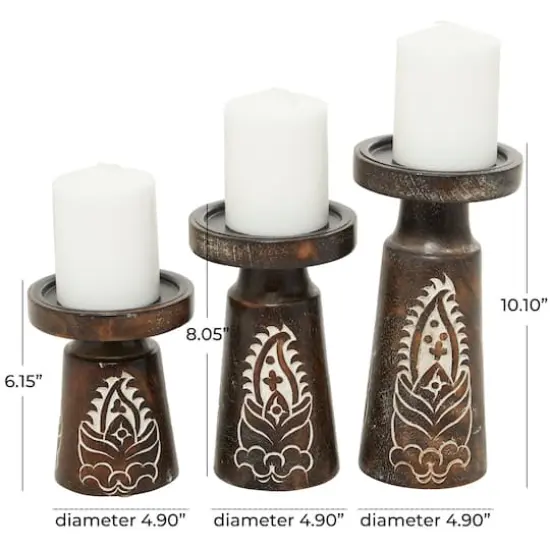 Mango Wood Round Carved Pillar Floral Candle Holder Set Dark Brown {4}