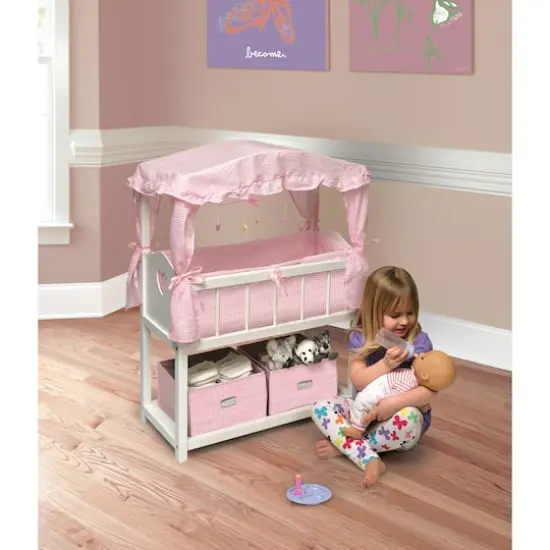 Badger Basket Pink & White Canopy Doll Crib with Baskets, Bedding & Mobile {3}