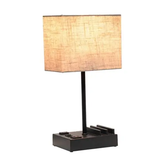 Simple Designs 15.3" Table Lamp with 2 USB Ports & Charging Outlet Black Base/Beige Shade {5}