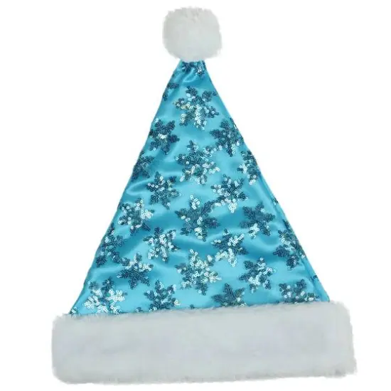14" Adult Medium Sequin Snowflake Santa Hat, Blue {1}