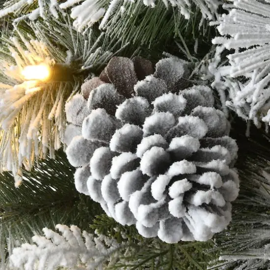 22" Pre-Lit Flocked Chiwawa Basin Pine Tree With Pinecones In Gray Pot, Clear LED Lights {4}